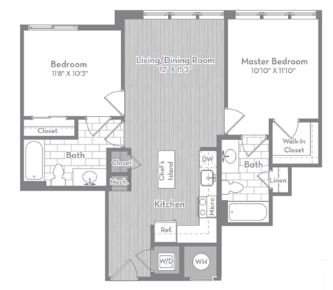 Floor plan for 2 beds, 2 baths, 1056 sqft